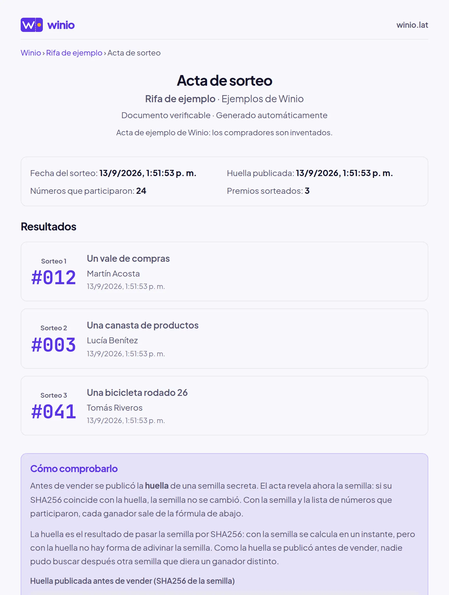Acta pública de un sorteo de ejemplo, con los ganadores y la explicación de cómo comprobarlo.