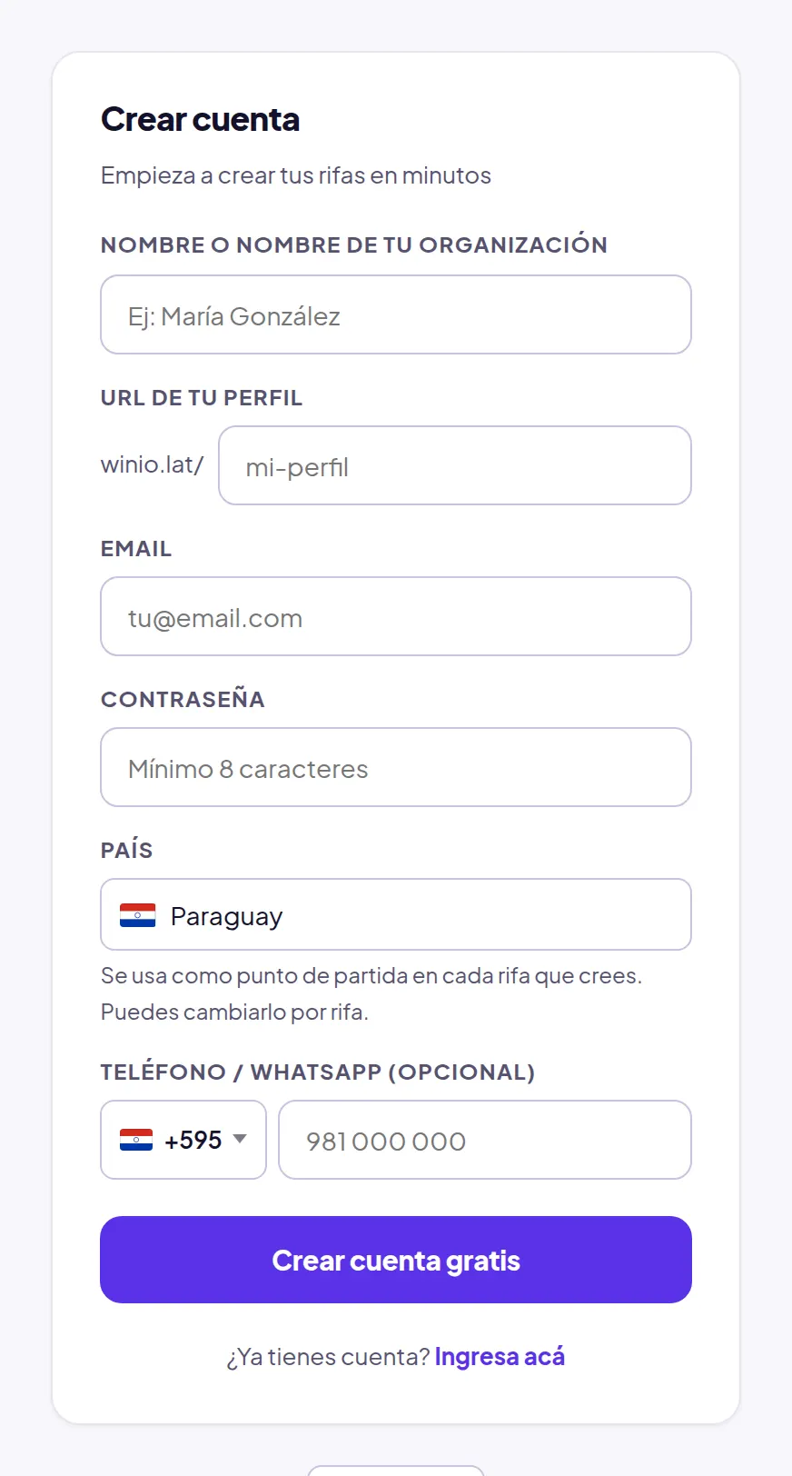 La pantalla de registro de Winio: nombre, correo y contraseña.