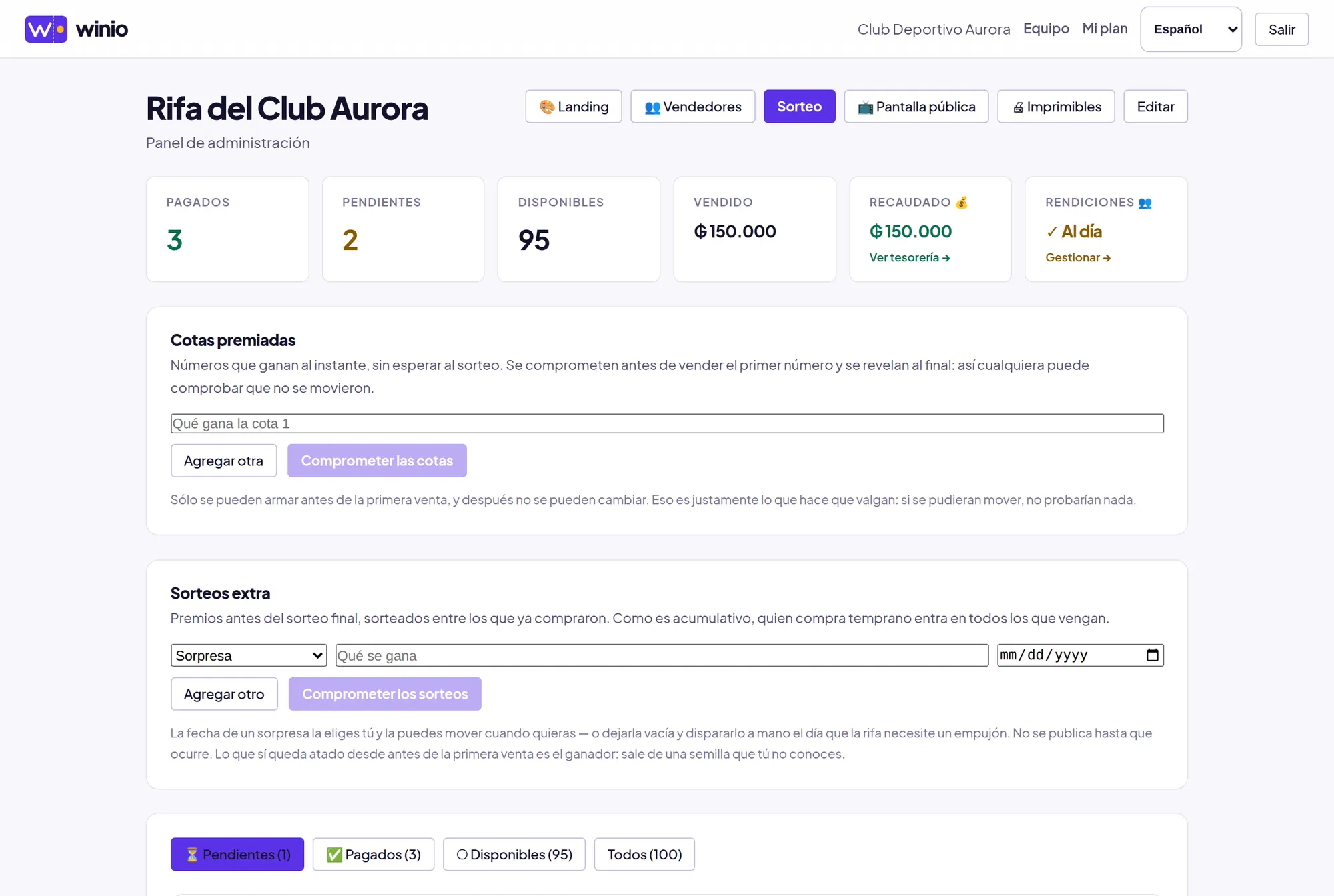 Panel de la rifa: números pagados, pendientes de confirmar, disponibles y lo recaudado.