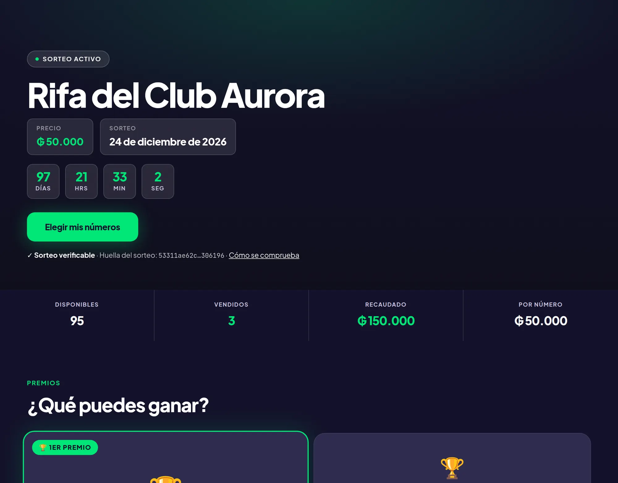 Página pública de una rifa con la grilla de números para elegir, reservar y pagar.