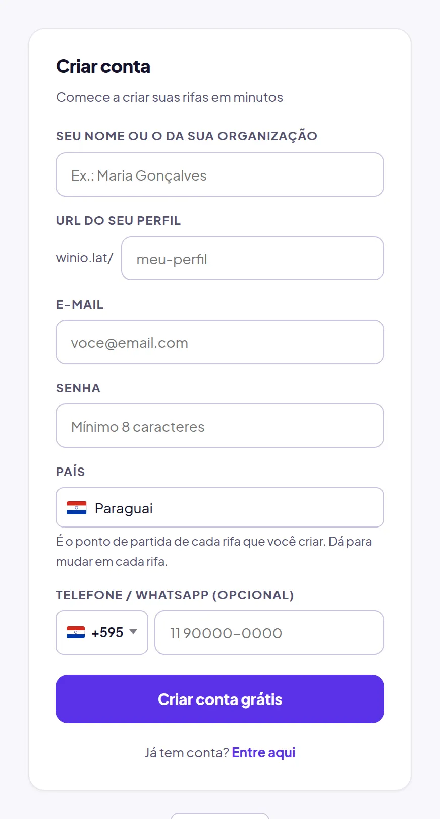 A tela de cadastro da Winio: nome, e-mail e senha.