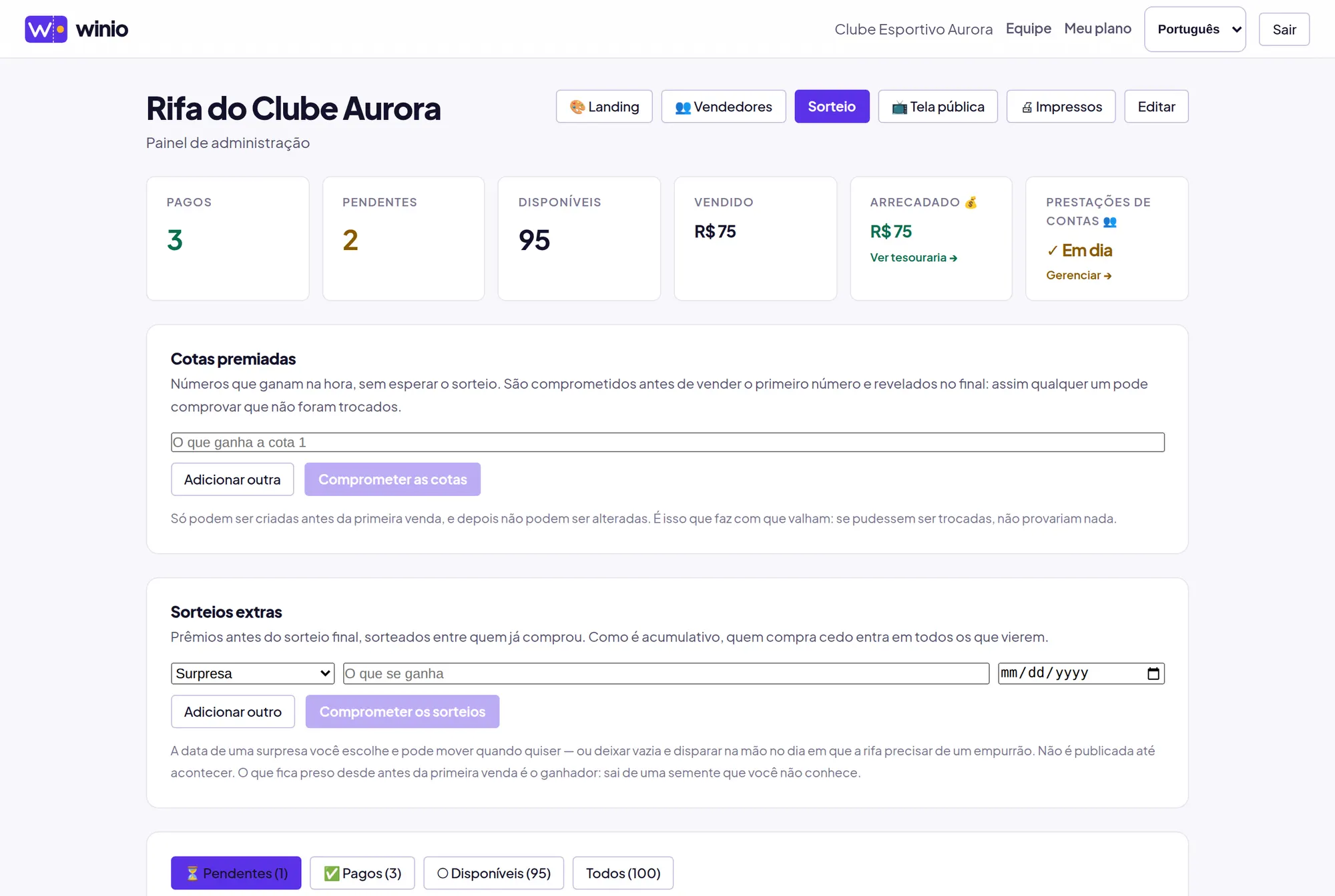Painel da rifa: números pagos, pendentes de confirmação, disponíveis e o arrecadado.