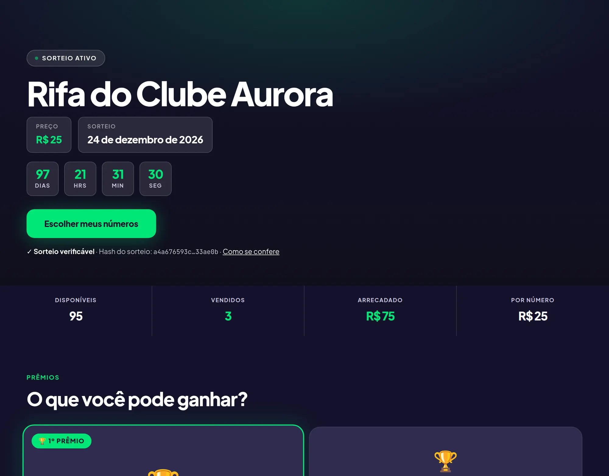 Página pública de uma rifa com a grade de números para escolher, reservar e pagar.