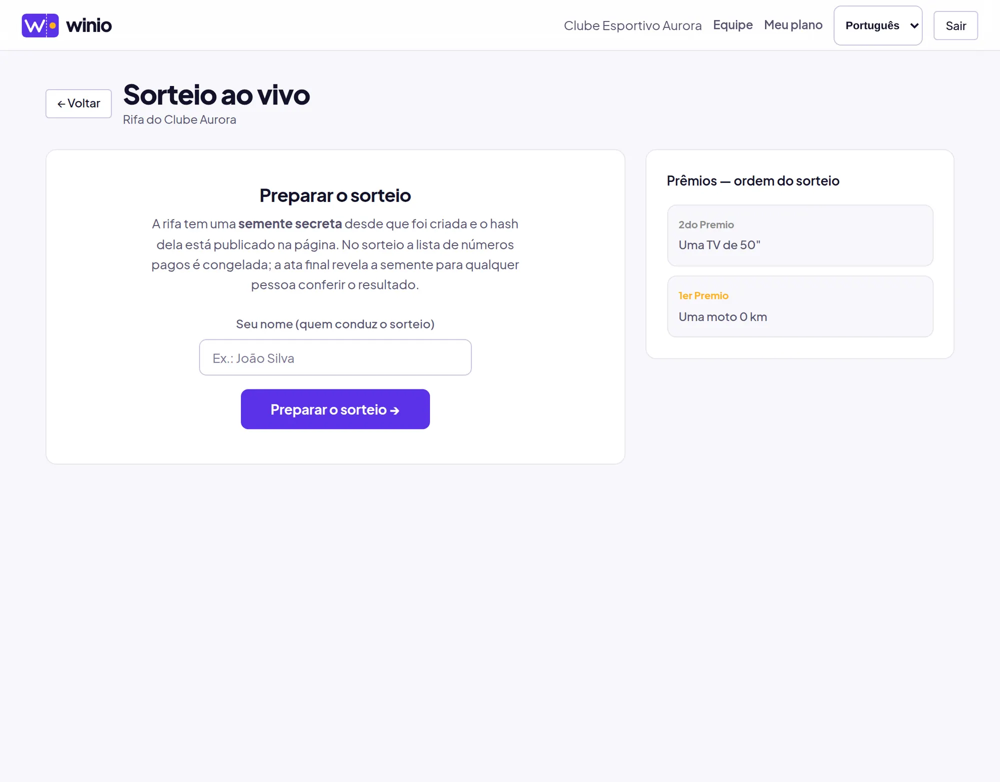 Tela do sorteio, com o hash da semente publicado antes da venda e os prêmios a sortear.