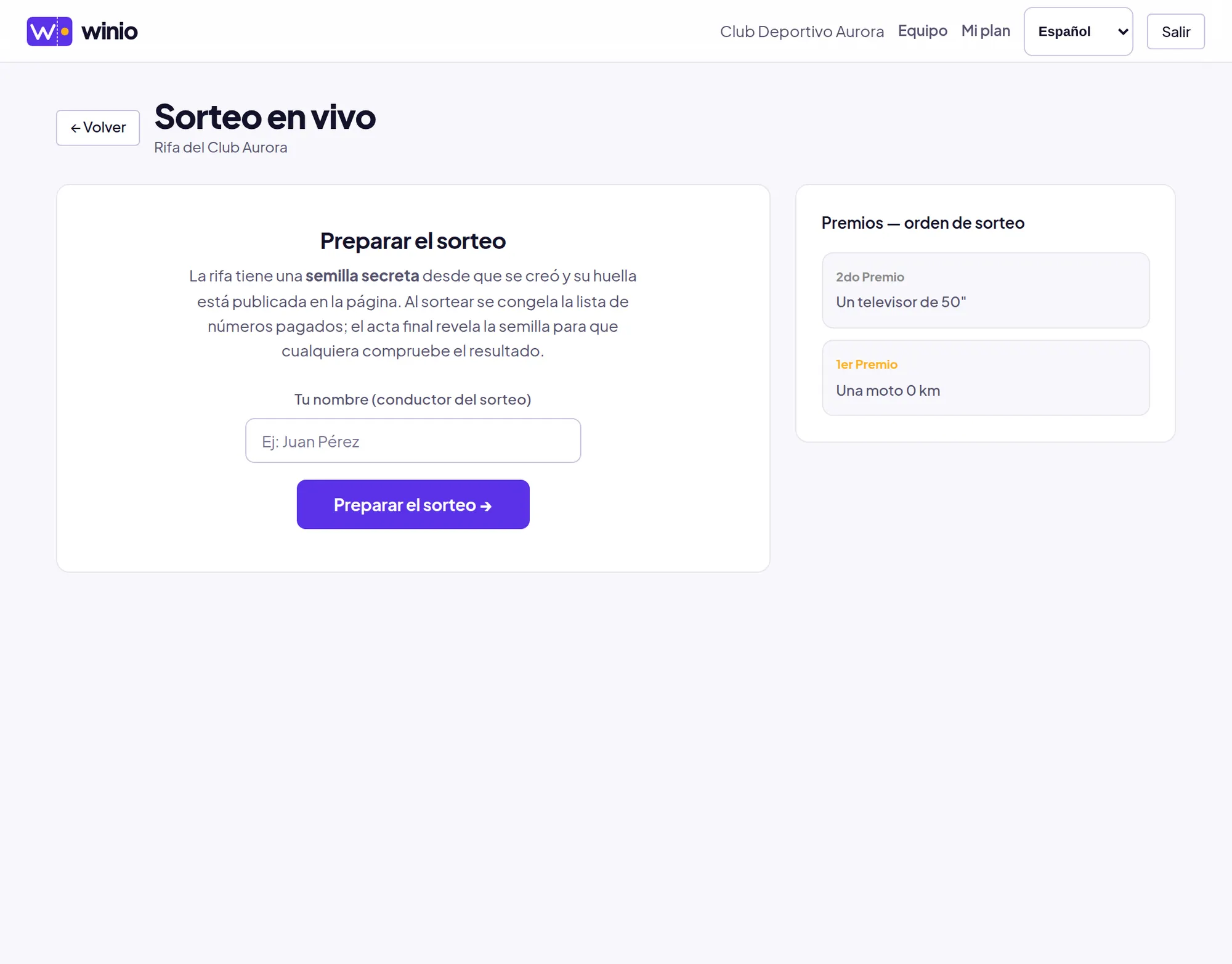 Pantalla del sorteo, con la huella de la semilla publicada antes de vender y los premios a sortear.